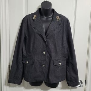 Simon Chang Dark Grey/Black Denim Jacket Blazer Embroidered Details Sz 16